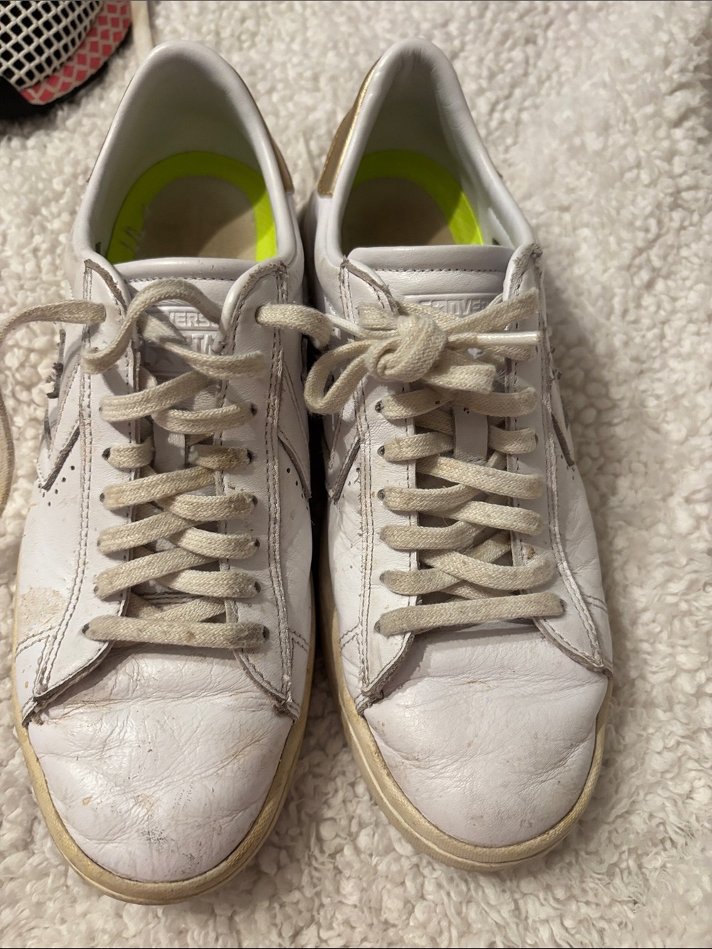 CONVERSE White Leather Sneakers with Neon Yellow Insoles